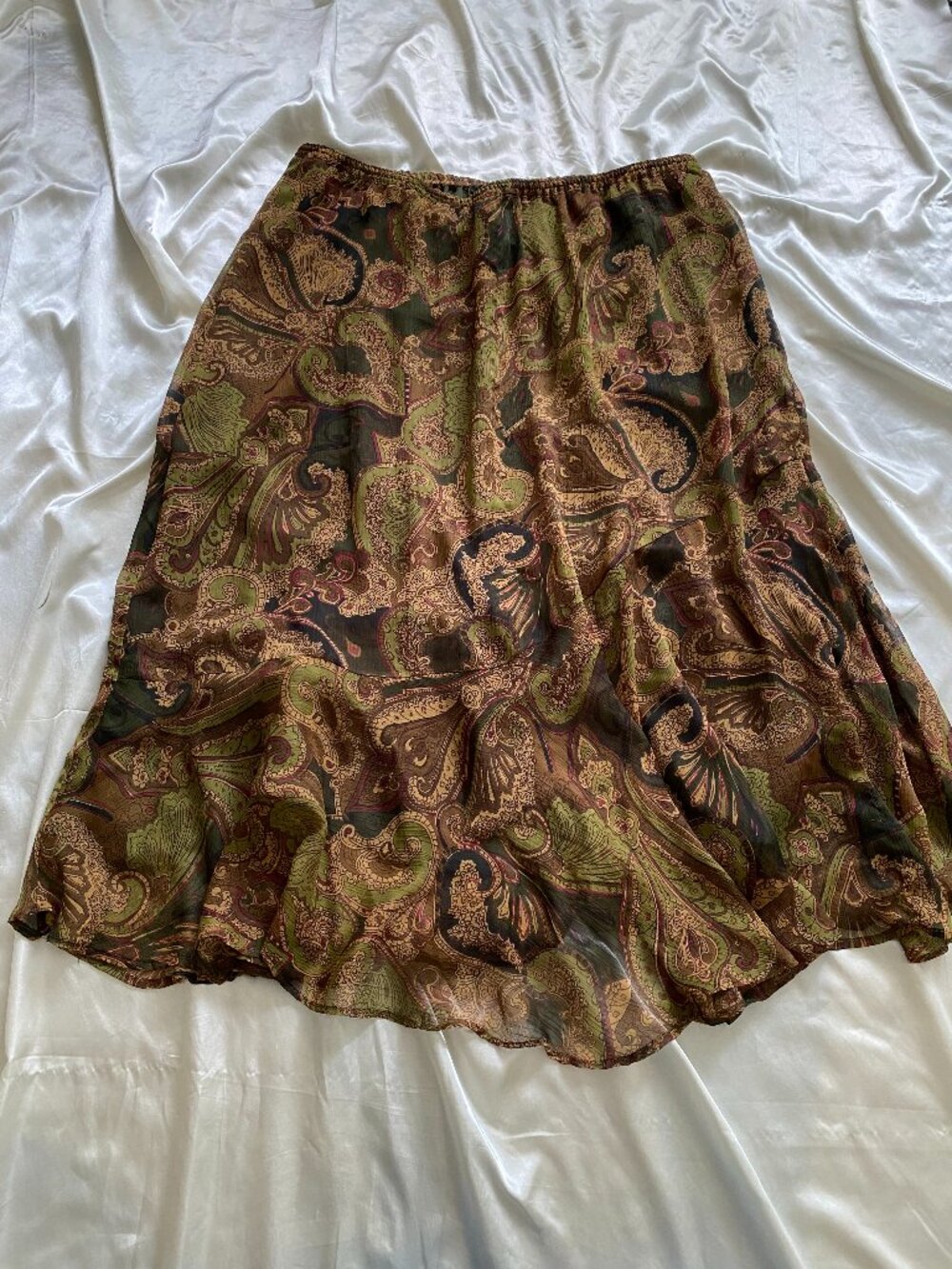 Vintage y2k Brown Green Paisley Chiffon Boho Midi Skirt Fairy Whimsy XL